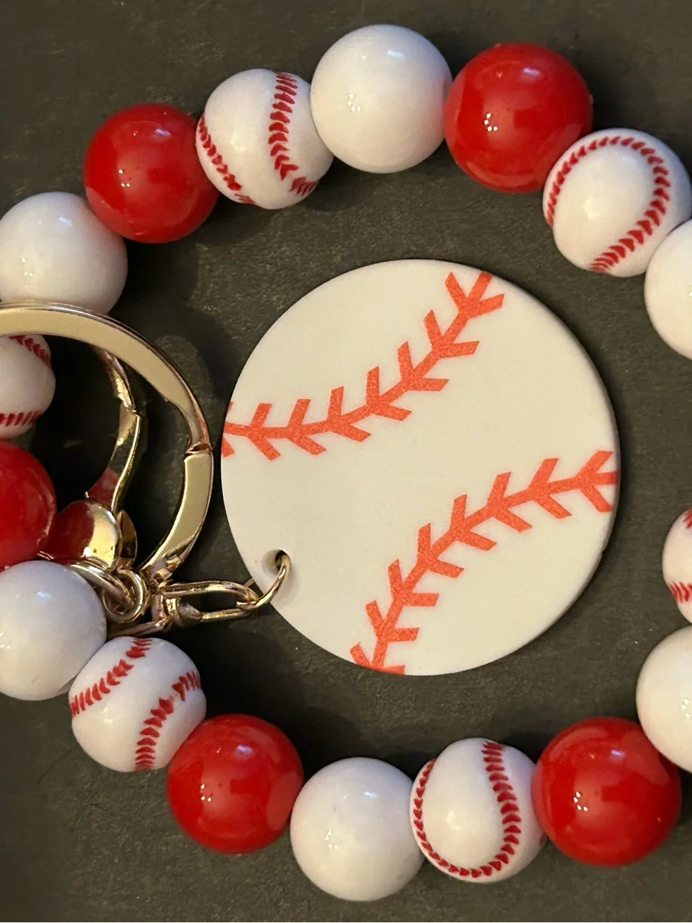 Red and White Baseball ⚾️ Beaded Wrist Keyring Bag Charm Keychain w/Gold Clasps